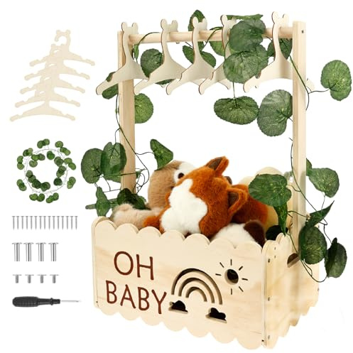 BOBASH Holz Babyparty Geschenk Korb Kleiderschrank Baby Aufbewahrungskorb mit Blattdekoration und 5 Kleiderbügel Holz Babyparty Schrank für Geburtstage Weihnachten Neue Eltern(1)