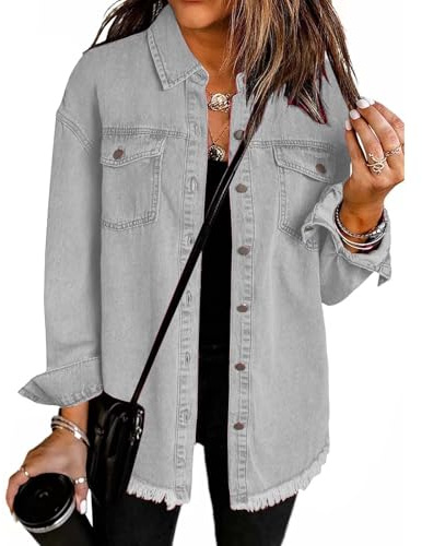 YGERGWE Denim Jackets Women Oversized Lightweight Jean Jacket Casual Button-Down Shacket, Ladies Long Sleeve Jean Shirt Top for Spring Autumn