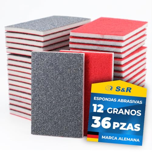 S&R Set di 36 Spugne Abrasive Grana 120-3000. Spugna Abrasiva da Fine a Grossa - 100 x 70 x 5mm - Paglietta Abrasiva Carta Vetrata per Legno, Muro, Carrozzeria, Ferro, Plastica.