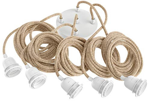Hoopzi - Pendelleuchte 5 Flamming - 3,5m Textilkabel Seil und Weiß - 5 X E27 Fassung - Vintage, Industrial Für Esstisch, Wohnzimmer, Esszimmer, Zimmer, Schlafzimmer, Küche