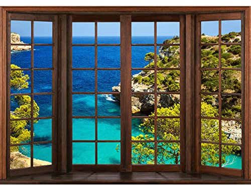 Runa Art Fototapete Fenster zum Meer Modern Vlies Wohnzimmer Schlafzimmer - Made in Germany - 308 x 220 cm Grün Braun 9363010c