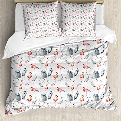 ABAKUHAUS Flamingo Bettbezugs Set Für Doppelbetten, Reiher Vögel Aquarell, Milbensicher Allergiker geeignet mit Kissenbezügen, Grau Vermilion Weiß