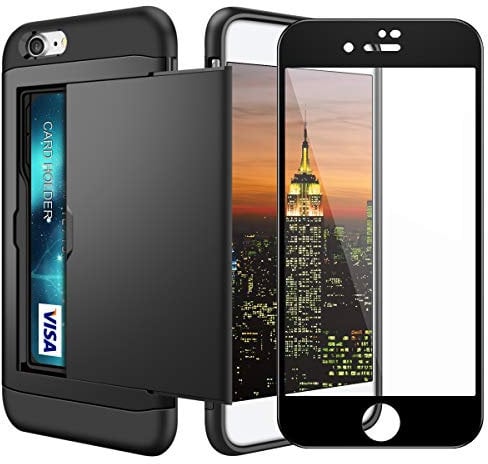 Coolden for iPhone SE 2022 Case Card Holder with [Tempered Glass Screen Protector ] Wallet Cover Shockproof Hard Back Rubber Bumper Protective Phone Case Cover for iPhone 7/8/SE 2/SE 3 (Black)