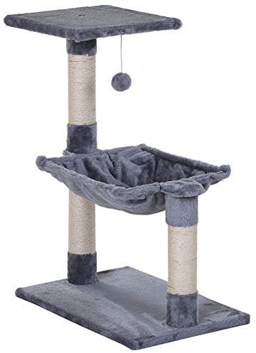 PawHut Arbre à Chat 3 griffoirs grattoirs sisal Naturel Plateforme hamac et Boule Suspendue dim. 50L x 36l x 70H cm Peluche Courte Gris