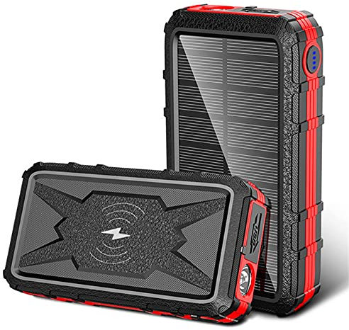 WFEI Solar Charger, Solar Power Bank Qi Wireless Charger Powerbank External Battery Portable Outdoor Waterproof Power Bank,Red