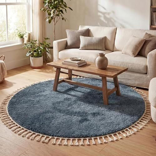 FRAAI | Home & Living Teppich Hochflor Rund - Lofty Fringe Blau - Ø 100 cm
