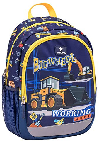 Belmil Kindergartenrucksack mit Brustgurt und Namensschild für 3-6 Jährige/Jungen / 12 L/Krippenrucksack Kindergartentasche Kindertasche/Maschinen/Blau (305-4/A Big Wheel)