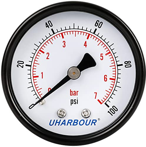 Uharbour Reliable Dual Scale Mechanical Manometer Low Pressure Gauge for Gas and Water (100psi/7bar) with 1/4 BSPT BACK Connection