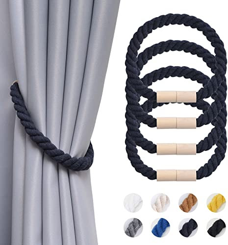 Pretty Jolly 4 Stück Magnetische Vorhang Raffhalter aus Holz, Boho, Heimdekoration, drapierte Raffhalter, handgefertigt, Baumwollseil, Vorhanghalter für Zuhause und Büro, Fenstervorhänge (Dunkelblau)
