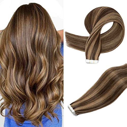 S-noilite Tape Extensions Echthaar #4/27 mittel braun/dunkelblond Haarverlängerung Remy Echthaar Extensions Tape In - 20pcs/50 gramm pro Packung (50cm)