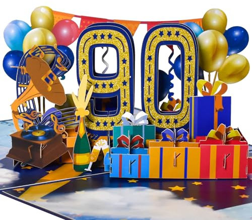 3D Pop-Up Karte 90. Geburtstag oder 90. Hochzeitstag – Elegante Karte mit Trompete, Schallplatte – Hochwertige Karte für Jubiläum, Hochzeit, Geburtstagsfeier, für Eltern, Großeltern