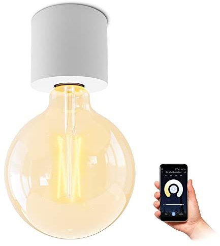 SSC-LUXon NAMBI Vintage Deckenlampe weiß mit WLAN Filament Glühbirne E27 Smart LED - Aufbaulampe rund kompatibel mit Alexa, Siri & Google