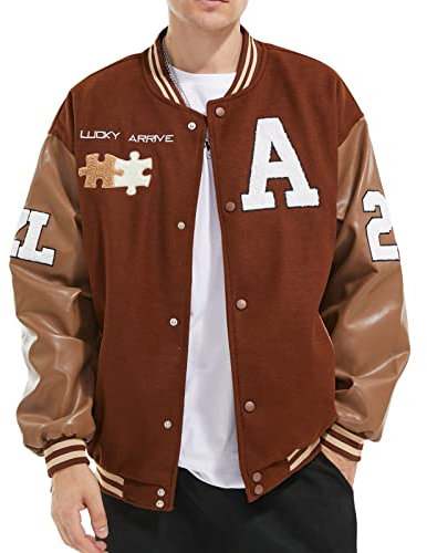 Eocicvvi Herren College Jacke Übergangsjacke Damen Freizeit Jacke Harajuku Stil Sportjacke Streetwear Stehkragen Herbst Frühling mit Taschen(Braun,3XL)