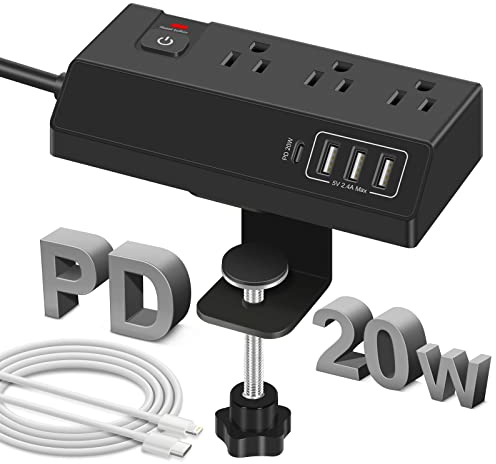 GLCONN GLCONN Computer-Stromleiste mit USB-C-Anschluss (20 W, PD) – 3 Computer-Steckdosen mit Überspannungsschutz mit 4 USB-Ports – GLCONN Ladestation mit Kantenmontage