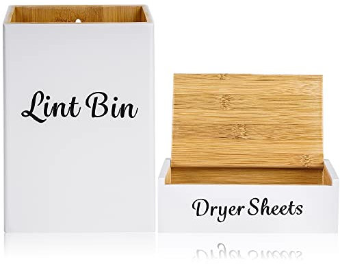 FJO Magnetic Lint Bin for Laundry Room - Bamboo Magnetic Lint Bin with Lid, Wall Mounted Dryer Sheet Holder Laundry Pods Dispenser Set,Farmhouse Magnet Trash Can Decor, Lint Box for Laundry Room