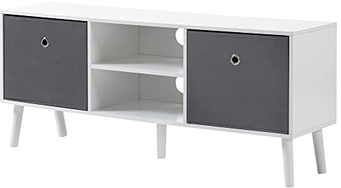 HOMCOM Meuble TV Bas de Style Moderne avec 2 tiroirs en Tissu Gris foncé 110 L x 29 l x 46,5 H cm - Gestion des câbles - MDF