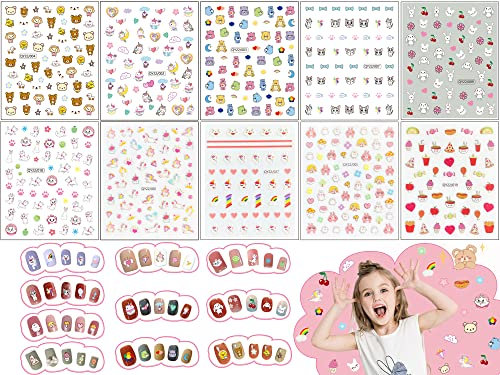 Nagelaufkleber Set für Kinder, 10 Blatt 3D Selbstklebende Sommer Cartoon Nagelsticker Tiere Pflanzen Art Nail Sticker Set Nagelkunst für Frau Mädchen Favors