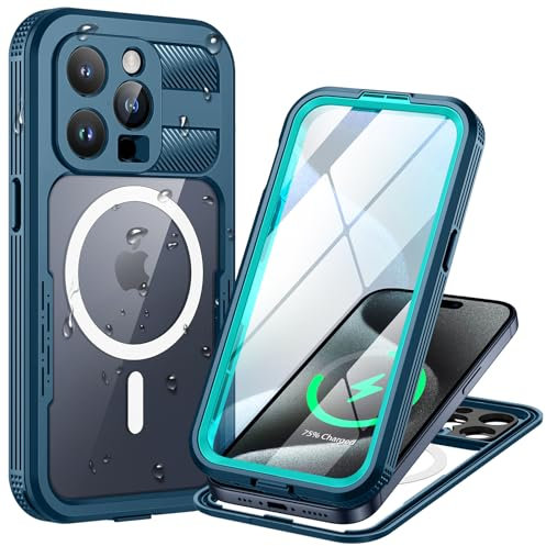Lanhiem Cover per iPhone 15 Pro Max Compatibile con MagSafe, Impermeabile Antiurto [Protezione Schermo] IP68 Waterproof 360° Integrata Antipolvere Militare Subacquea Custodia iPhone 15 Pro Max, Blu