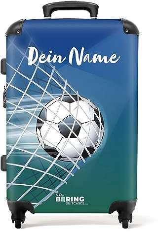 NoBoringSuitcases.com® Koffer personalisiert, Kinderkoffer, 67x43x25cm - Kinder reisekoffer, Rollkoffer - Hartschalenkoffer - Fußball Blau - Grün - Mittelgroß mit Rollen- Leicht - Koffer mit Namen