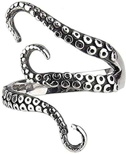 Oktopus Ring Vintage Edelstahl für Frauen Männer Einstellbar Tentakel Poliert Retro Gothic Punk Stil Schmuck Silber Schwarz Gut Und Schlechte, Harz