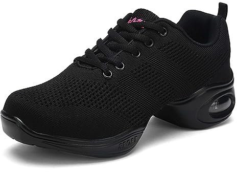 SECHRITE Jazzschuhe Damen Jazz Schuhe Tanzschuhe Tanzsneaker Modern Mesh Geteilte Sohle Lace Up Luftkissen Schuhe Sportlich Fitness Wanderschuhe Schwarz 40 EU