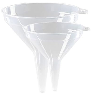 Malabsy® 2 Pack Clear Plastic Funnels 13 & 15cm Ring Holder Storage Easy To Store 2 Different Sizes For Filling Oil, Perfume, Lab Bottles, Laboratory Chemicals, Spices and more