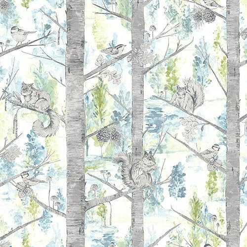 SOPHIE LAURENCE Woodland Tree Teal Wallpaper - Squirrel Birds Gold Metallic Non-Woven Grizedale - Paste The Wall Wallpaper (Sample)