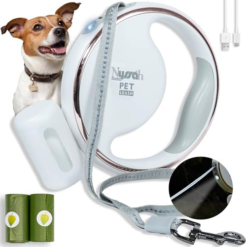 Nyssah, Laisse Chien Enrouleur avec Lumière et Distributeur Sacs à Crottes - Laisse rétractable pour Chiens Jusqu’à 25 kg | Longueur 3 mètres | Design et Solide | Lampe LED | Idée Cadeau