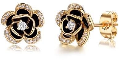 MYBELLNA 14K Gold Dainty Flower Earrings Black Rose Gold Flower Pearl Stud Earrings for Women Sterling Silver Post Hypoallergenic Earrings for Women Mom Her (Gold-2)