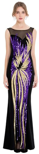 Angel Fashions Damen-Abendkleid, durchscheinend, goldfarben, Pailletten, Schwarz, Violett / goldfarben, Groß