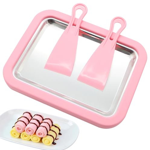 Iceten Ice Cream Roll Maker with 2 Scrapers, Pan Ice Cream Roll Maker Set Mini Freezable Roll Plate Kids Make Easy Ice Cream Rolls for Homemade Rolled Cream Frozen Yogurt Gelato Sorbet(Pink)