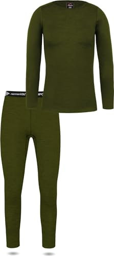 normani Damen Merino Unterwäsche-Set Garnitur (Langarmshirt Unterhemd und Unterhose) 100% Merinowolle Thermounterwäsche Ski-Funktionsunterwäsche Farbe Grün Größe L