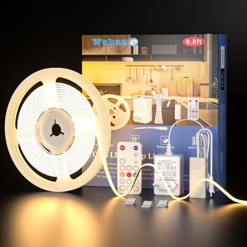 WOBANE Tira Led COB Blanco Cálido 3000K, Luces Led 3 Metros con Control Remoto Regulable,Tiras Led Cocina Bajo Mueble con Alimentación para Habitacion,Escaparate,Gabinete
