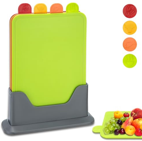 Hunnycook 4PCS Colour Coded Chopping Boards Set, Durable, Scratch-Resistant, Anti-Slip and Dishwasher Safe(28×20×0.3cm) Chopping Boards for Kitchens, PP Plastic Chopping Board with Storage Stand
