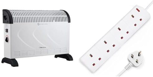 Belaco 2000W white Electric Portable Convector Heater 3 adjustable heat settings fast heating space heater & DESIRETECH White Electric Extension Lead 4 Gang 2 Metre | 2m Long Cable