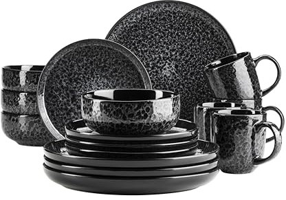 MÄSER 934108 Serie Filippa, Keramik Geschirrservice für 4 Personen, modernes 16-teiliges Kombi-Geschirr Set; Teller, Schüsseln und Becher mit Reaktivglasur in grau und schwarz, Steinzeug, schwarz