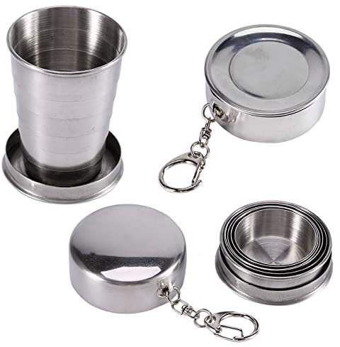 Gobelet pliable de voyage en acier inoxydable – Gobelets en métal pliables – Porte-clés de camping – Tasse rétractable télescopique pour l'extérieur, les voyages, le camping, la randonnée, l'alpinisme