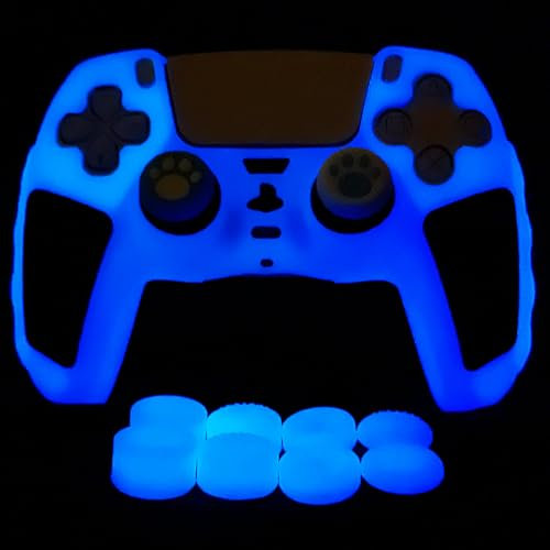HLRAO -Blu Glow in the dark Cover protettiva antiscivolo compatibile con controller PS5/Slim/Pro, Include 8 pezzi di impugnature per il pollice Glow e 2 tappi per impugnature a zampa di gatto.