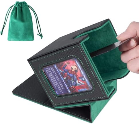 AFIING MTG Deck Box für Commander Display, Kartendeck-Hülle für 100 doppelhüllige Karten, Magic Commander TCG Karten-Aufbewahrungsbox mit 2 Trennwänden, Würfeltasche und Toploader, Schwarz / Grün