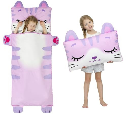 Wizland Kinder-Schlafsack für Mädchen, Kindertagesstätte, Flanell, Kitty, Nickerchen, Vorschule, Ruhematten, Kindergarten, flauschig, warm, tragbar, rosa, dicke Nickerchenrolle für Kleinkinder, 150 x