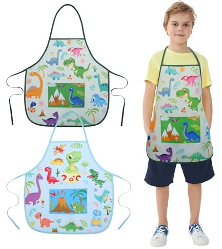 ROSEMO 2 Stück Kochschürze Kinder Dinosaurier Küchenschürze Junge Kinderschürze mit Tasche Werkenschürze Bastelschürze Malschürze Geschenk für Kinder 3-12 Jahre zum Kochen Malen Basteln