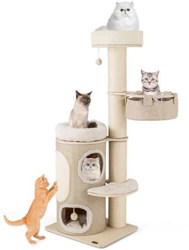 GYMAX Wooden Cat Tree, 154cm Climbing Tower With Sisal Scratching Posts & Board, 2-Tier Condo, 2 Perches, Basket, and Dangling Balls, Multi-level Play Center for Indoor