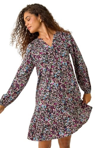 Roman Originals Smock Dress for Women UK Ladies Cotton Summer Embroidered Frilled Tiered Casual Beach Cruise Holiday Cocktail Party 3/4 Sleeve Pull On Gathered Skirt - Black Multi - Size 18