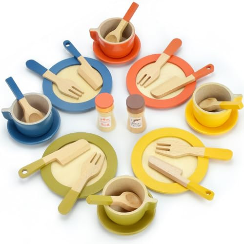 LUOJINYI Children's Kitchen Accessories, 26 Pieces kinderküche zubehör Holz, Kitchen Accessories Children, Wooden Tableware Set, Role Play Toy for Girls and Boys, Doll Tableware