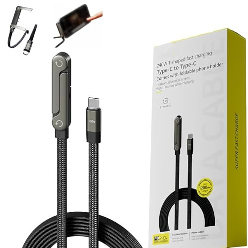 Generico Invisible Holder Charger Cable with Stand, 240W Super Fast Charging, 2-in-1 Multi Nylon Braided Charging Cable with Type C and Folding Phone Holder 5ft for Smartphones, Tablets, Laptops
