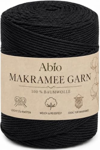 Abio Makramee Garn Schwarz 3mm 300m Baumwollgarn Macrame Cord Kordel Garn für Makramee Schnur Makrameegarn Baumwollschnur Baumwollkordel Baumwolle Schwarz 3mm 300m