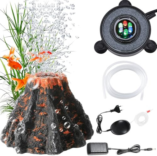HIULLEN Aquarium Dekorationen Set, Fisch Tank Dekorationen mit Bunte Led Lichter, Aquarium Vulkan Form Luftblase Stein Sauerstoff Pumpe, Bunte Led Lichter Zubehör Deko Vulkanstein Bubbler Zubehör