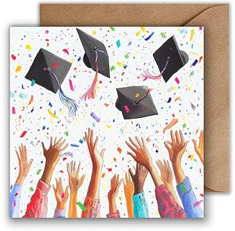 WBdesignz Glückwunschkarte zum Abschluss mit Umschlag - Abschlusshut Schule Zeugniss Uni Universität Bachelor Master Feier Konfetti Glückwunsch Grußkarte (quadratisch - 125 x 125 mm)