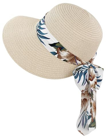 Feelorna Chapeau de paille pour femme - Protection UV - Avec large bord - Respirant - Pliable - Pour la plage - Pour les voyages et les vacances, Beige A., taille unique