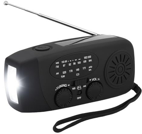 Radio Solar de Emergencia, Radios con Manivela Dinamo, Am/FM/NOAA, Cargador de Móvil 2000mAh, 3 Modos de Carga, Radio Portátil Supervivencia, Alarma SOS (Negro)